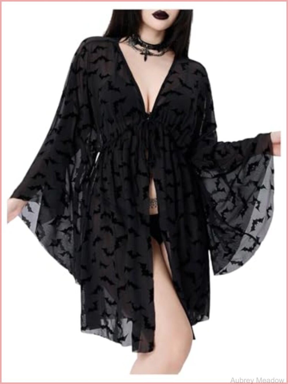 Sheer Mesh Long Sleeve Goth Kimono Cover Up Tie Front Cardigan